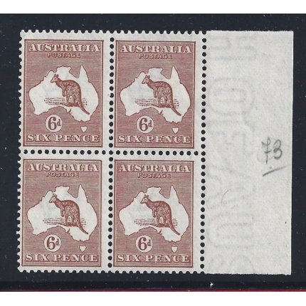 1923 AUSTRALIA, n° 73 6d. canguro QUARTINA BORDO DI FOGLIO MNH/**