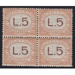 1925 SAN MARINO, Tasse n° 26  5 Lire arancio QUARTINA MNH/**
