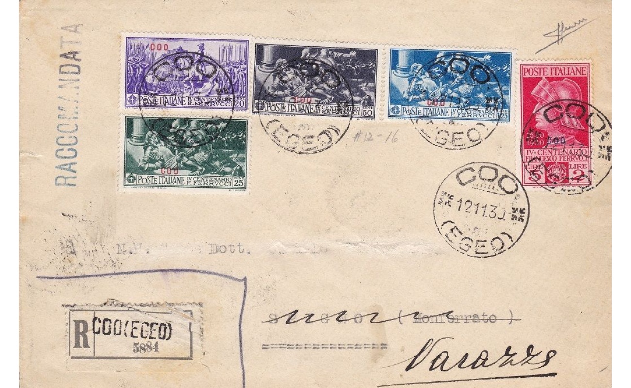 1930 Egeo, COO ,   n° 12/16  la serie completa su lettera viaggiata