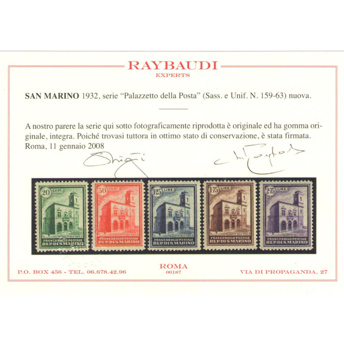 1932 SAN MARINO Palazzetti n° 159/163  MNH** Certificato Raybaudi