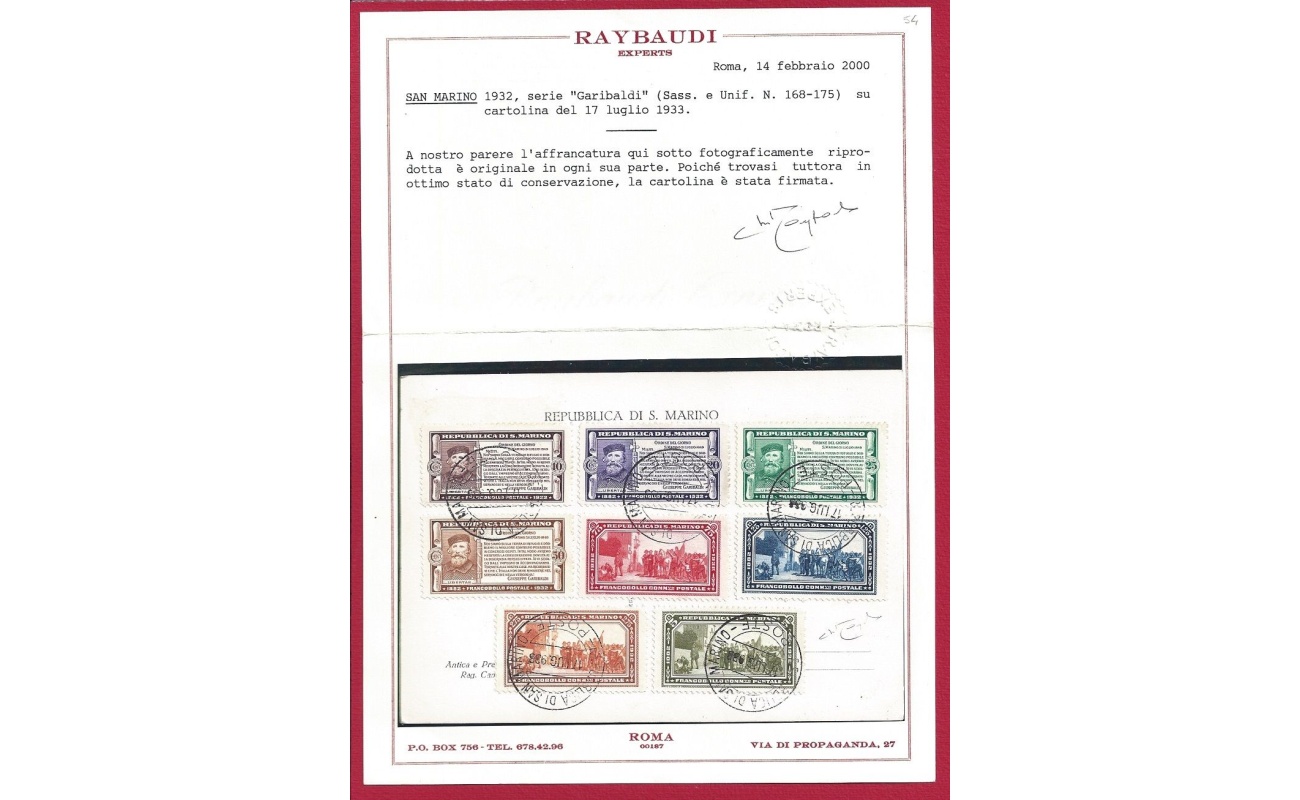 1932 SAN MARINO,n° 168/175 Garibaldi serie completa su cartolina Cert. Raybaudi