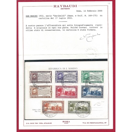 1932 SAN MARINO,n° 168/175 Garibaldi serie completa su cartolina Cert. Raybaudi