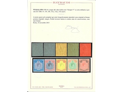 1936-52 NYASALAND - George VI° Chalk-surfaced paper and ordinary paper ,SG 139/140/141a/142a/143  5 valori  MNH**  £ 580 SPLENDIDI