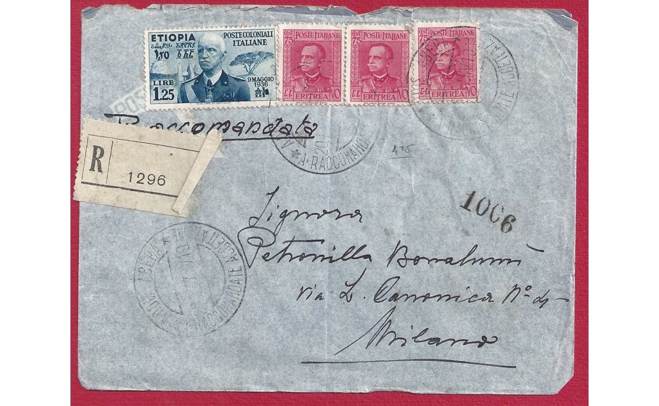 1937 ERITREA, Lettera affrancata n° 200(3)-204 + Etiopia n° 7