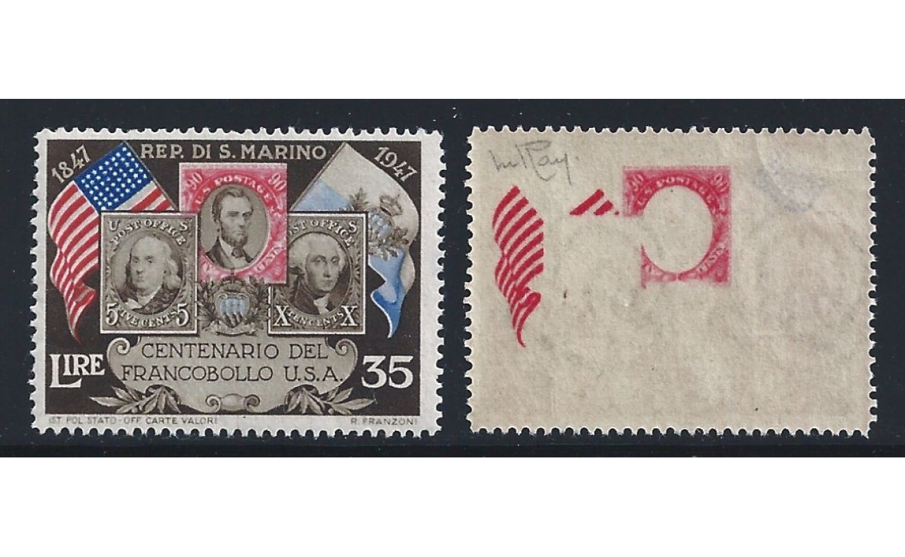 1947 SAN MARINO, Primo francobollo USA , n° 334fa 35 lire MNH/**  RARA VARIETA' Firma Raybaudi