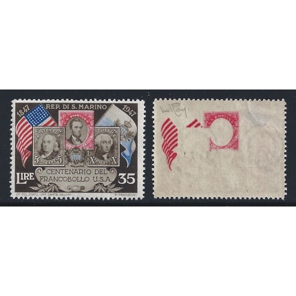 1947 SAN MARINO, Primo francobollo USA , n° 334fa 35 lire MNH/**  RARA VARIETA' Firma Raybaudi