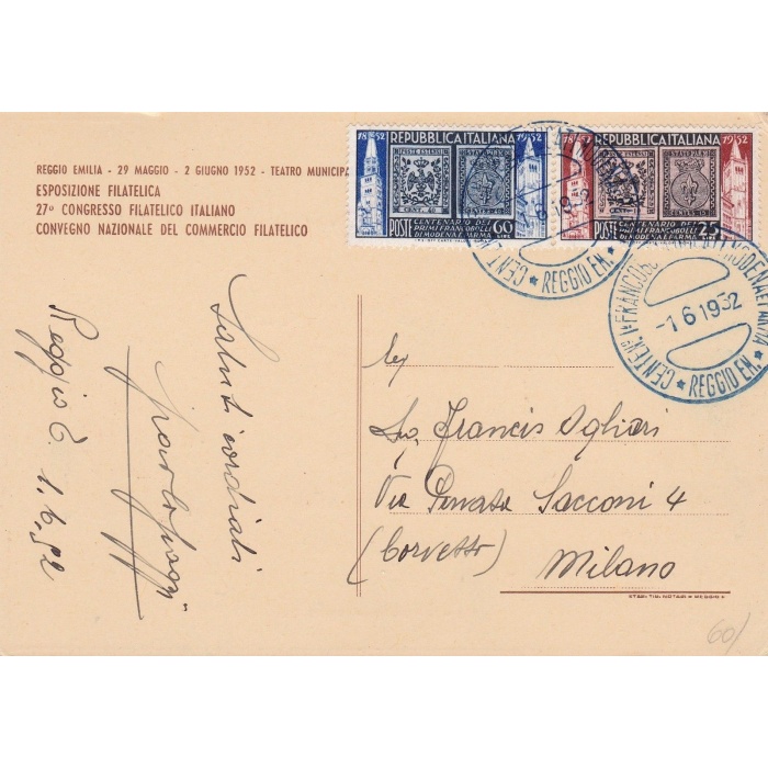 1952 100° Modena e Parma, n° 689/690 su cartolina 27° Congresso  Filatelico