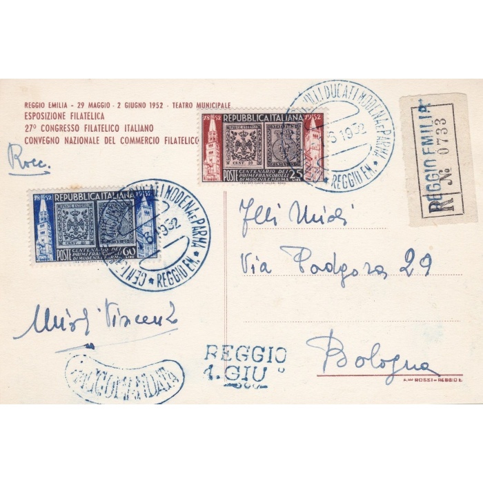 1952 Modena e Parma, n° 689/690 su cartolina Raccomandata con annulli speciali