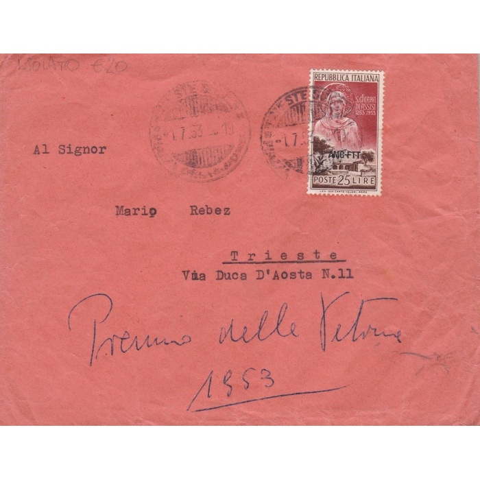1953 TRIESTE A - n° 177 isolato su lettera viaggiata nei primi giorni d'uso