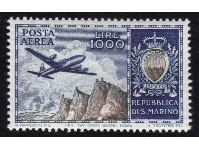 1954 SAN MARINO Aereo e Stemma PA n° 112  1.000 Lire azzurro e oliva  MNH/**