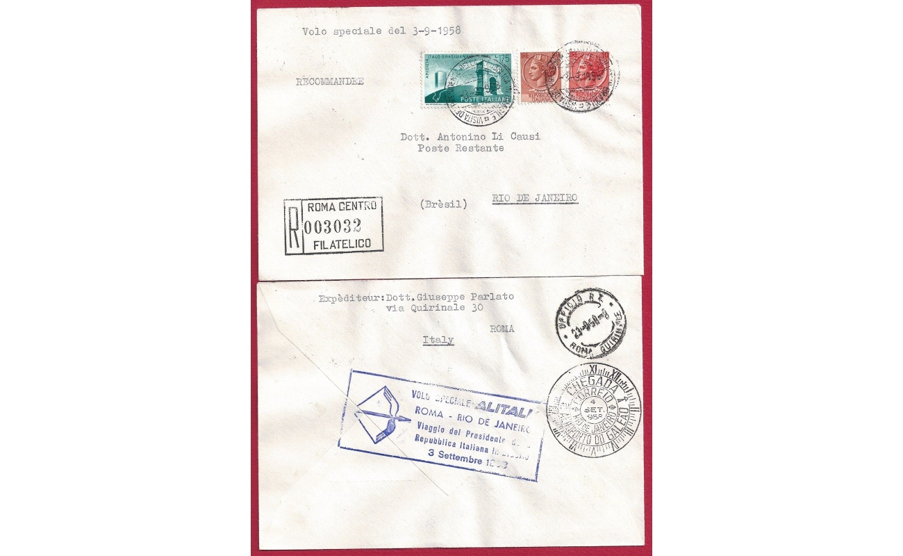 1958 REPUBBLICA,n° 837 Amicizia italo-brasiliana Volo speciale - Busta Cover - Volo Speciale