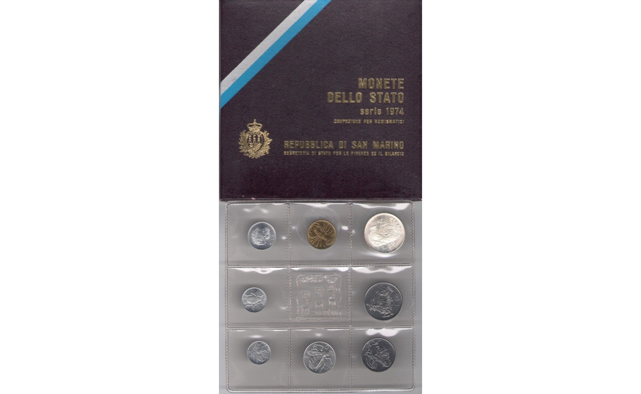 1974 Repubblica  di San Marino Monete Divisionali  FDC con 500 Lire in argento