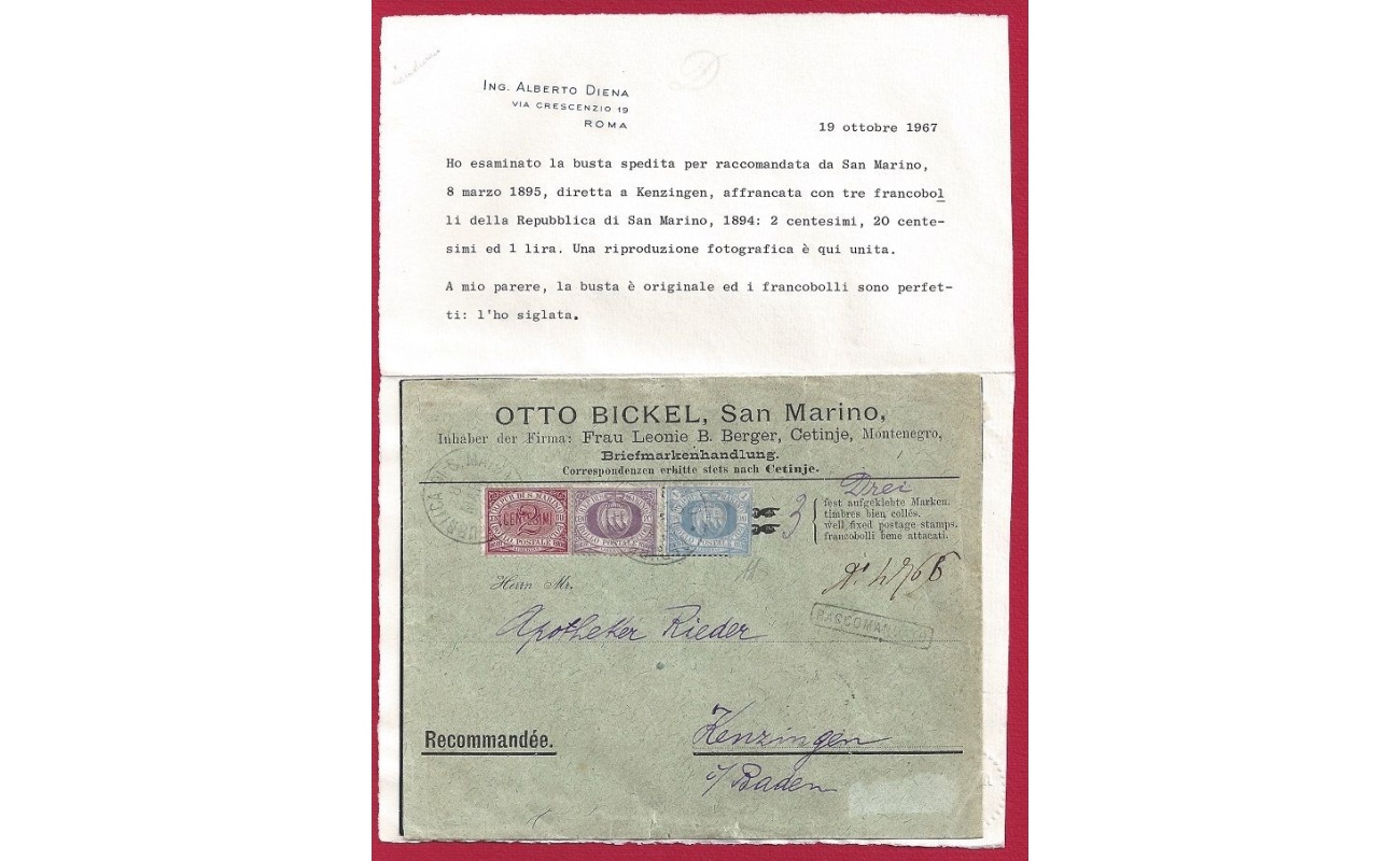 1895 SAN MARINO,n° 26-29-31 lira azzurra su lettera RARA Certificato A.Diena