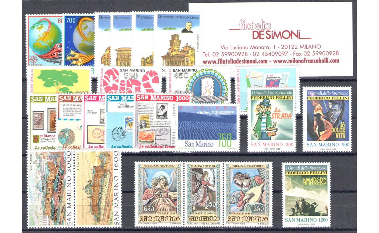 1988 San Marino, Annata Completa , francobolli nuovi 24 valori + 1 Foglietto - MNH**