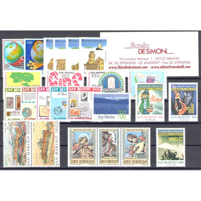 1988 San Marino, Annata Completa , francobolli nuovi 24 valori + 1 Foglietto - MNH**